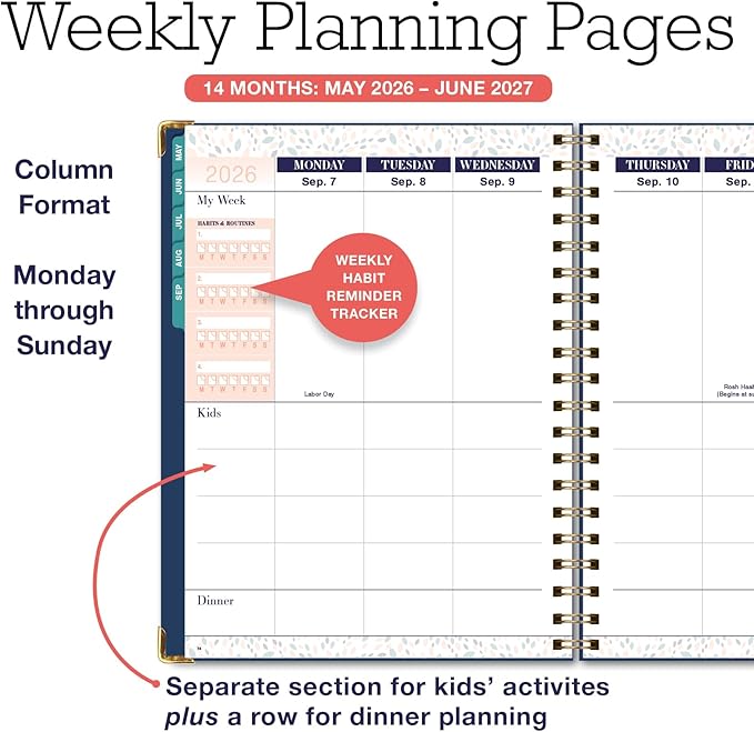 FAMILY PLANNER ORGANIZER – 8.5" x 11" Weekly & Monthly Calendar (May 2026-Jun 2026). 5+ People, Meal Planning, Budgeting, Habit Tracker – Hardcover, Household Schedule Organizer for Parents, Kids, & Caregivers (Navy Gold Numbers)