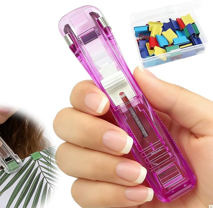 Portable Binder Clip Stapler,Includes 50 Reusable Clips Desktop Push Stapler Binder Clips Paper Clamps,Desktop Document Organizer for Home School Office (Purple)