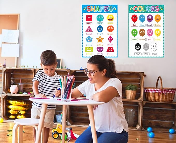 D4DREAM Preschool Posters - 2Pcs Toddler Learning Posters Laminated Shapes Color Poster for Classroom Decoration Pre-K Kindergarten Homeschool Nursery Daycare Essentials for Teacher Supplies