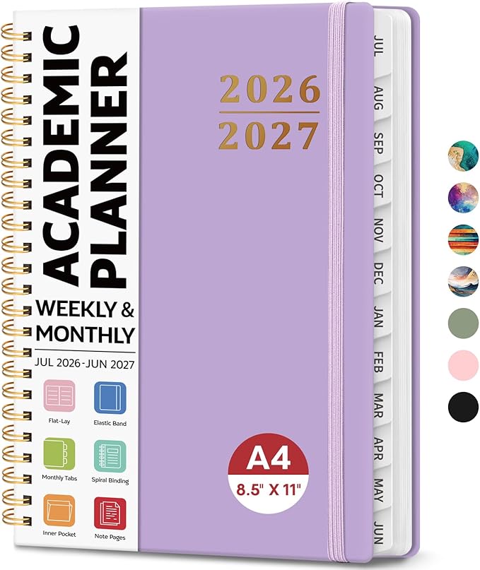 8.5" x 11" Academic Planner 2026-2027, Weekly & Monthly Calendar Planner Book, July 2026 – June 2027, Large Hardcover Organizer with Tabs, Perfect for Teachers, Students, Women & Men – A4, Lavender