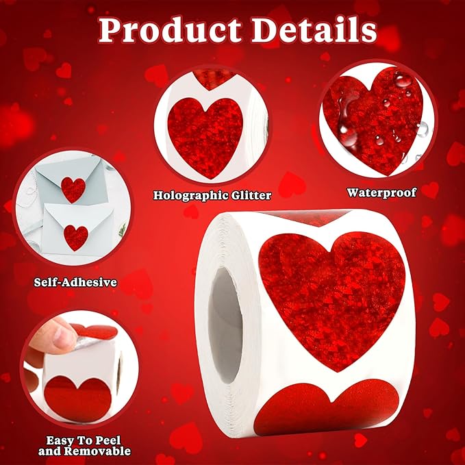 Heart Stickers, 1000Pcs Glitter Red Heart Stickers, 1.5" Shiny Self Adhesive Foil Red Love Decorative Labels for Valentine's Day, Wedding, Anniversaries, Mother's Day, Award Classroom Supplies