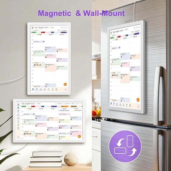 JSUSOU 24 Inch Magnetic Digital Smart Calendar for Refrigerator - Free APP & Touch Screen Chore Chart, Family Schedule Organizer & Interactive Electronic Calendar, Fridge/Wall Mountable, White