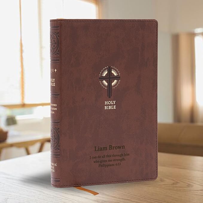 Personalized NRSV Sacraments of Initiation Edition Bible Faux Leather Medium Print Size | Custom with Name, Date or Text | Gift for Catholic and Religious Celebrations | Brown