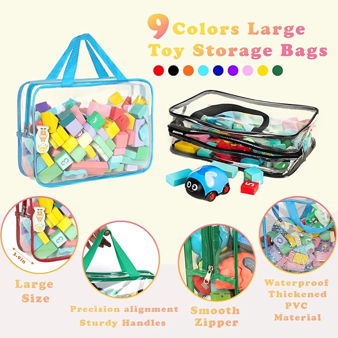 9 Packs Toy Storage Bags with Labels, 11.8x8.7x3.9In Large PVC Reusable Clear Board Game Storage with Zipper, Travel Waterproof Organizer Bags for Building Blocks, Puzzle, Books, Stationery