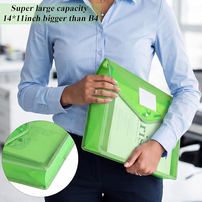 Epakh 10 Pieces Plastic File Folders Envelope Expanding File Wallet Organizer Documents Folder with Snap Closure and Pocket B4 Waterproof Transparent Pouch for School Office(Green,Horizontal)
