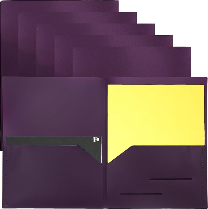Youngever 6 Pack Heavy Duty Plastic Two Pocket Folders, Heavy Duty Plastic 2 Pocket Folder (Purple)