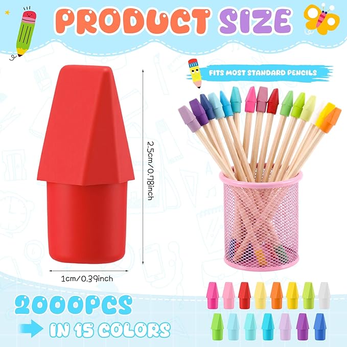 2000 Pcs Pencil Top Erasers Bulk 15 Assorted Colors Pencil Cap Erasers Pencils Eraser Toppers for Writing, Home Office Supplies, Party Favor Bags, Game Prize Giveaways