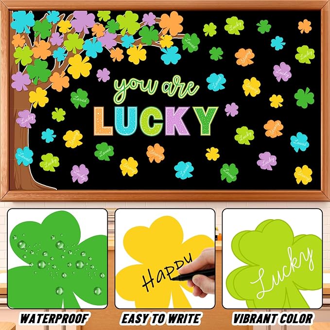 Whaline 99 Pcs St. Patrick's Day Tree Bulletin Board Decoration Colored Shamrock Clover Tree You are Lucky Charm Paper Cutouts with 200 Pcs Glue Points for Irish Party Classroom Wall Decor