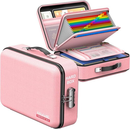 COLCASE Fireproof Document Organizer with Lock, Hard Fireproof Document Box | Hard-Shell Fireproof Waterproof Document Box with Combination Lock Pink
