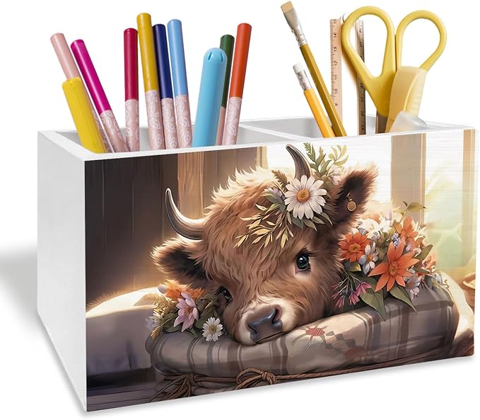 Rustic Floral Highland Cow Pen Holder for Desk, Gifts for Cows Lovers Pencil Organizer, Farmhouse Flower Highland Heifer Wooden Box Sign Desk Decor for Home Office Decoration,