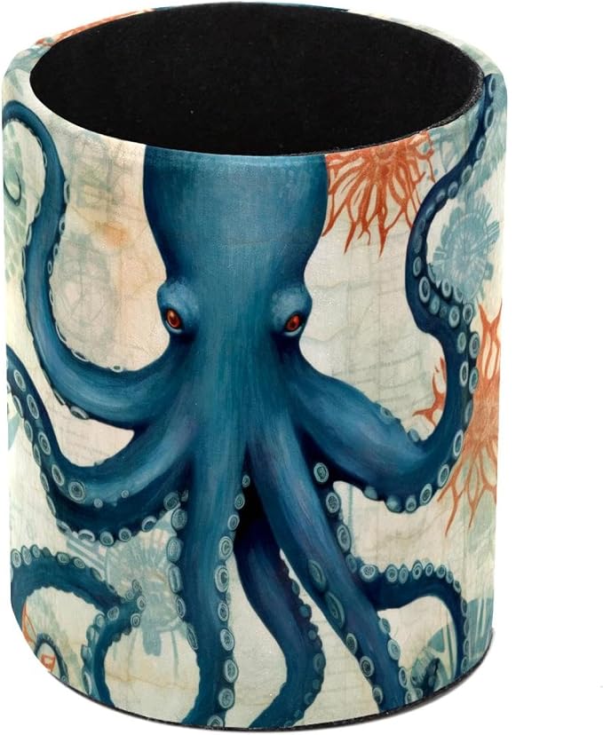Large Capacity Pen Holder for Desk, Leather Pencil Holder Pen Cup Marker Holder Makeup Brush Holders, Desk Accessories Organizers for Home, School & Office, Nautical Octopus Vintage
