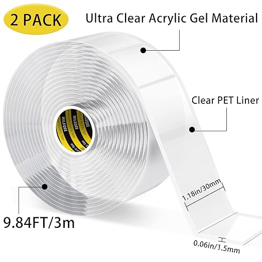 2 Packs Double Sided Tapes Heavy Duty, 1.18inx9.84ft/Roll, Mounting Tape 2 Way, Two Sided Adhesive Sticky Glue Strips, Clear Wall Hanging Tape Transparent