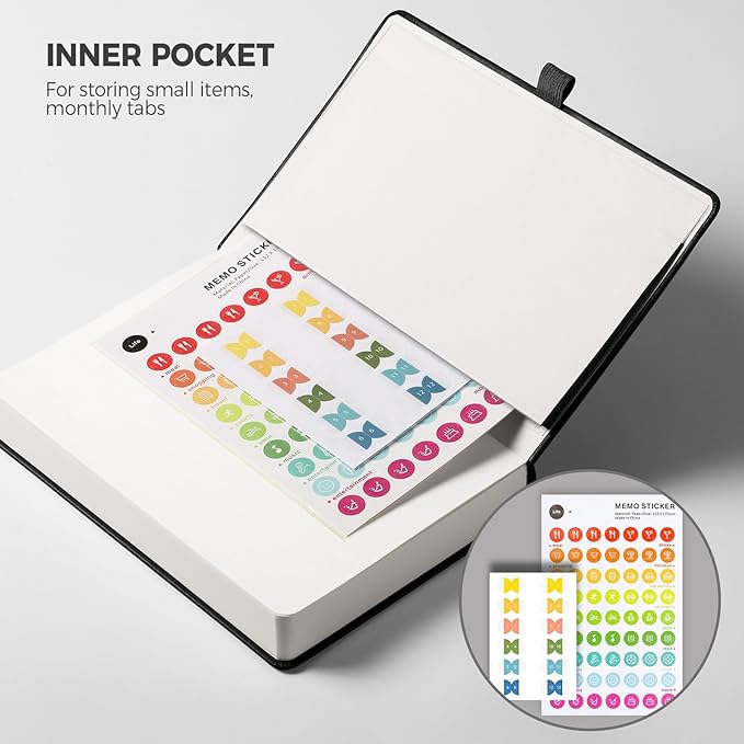 Undated Appointment Book, Hourly, Daily, 52 Weekly & 12 Monthly Planner, 6 AM - 8 PM, Medium Size (5.7" x 8.3"), Leather Hardcover, 12 Self-adhesive Monthly Tabs (Black)