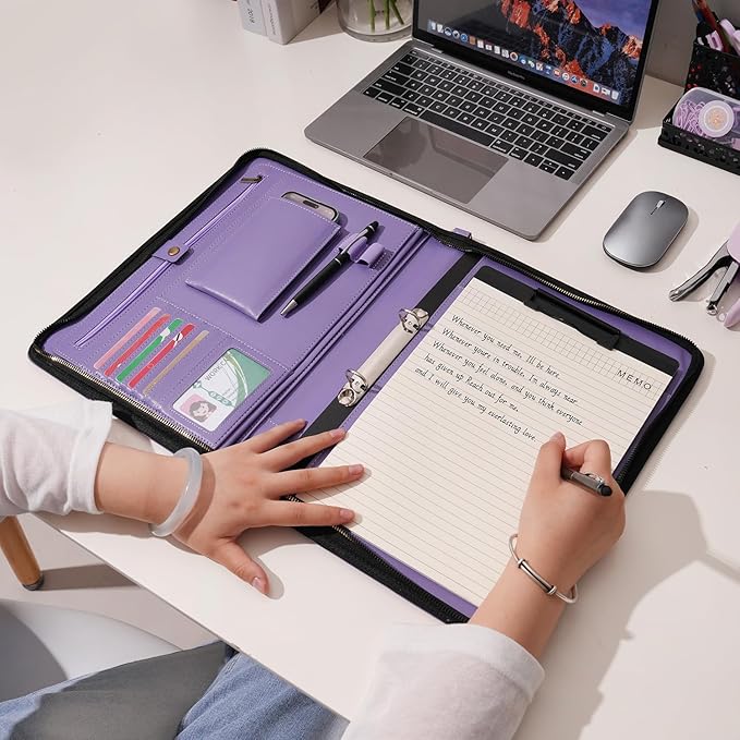 Wason A4 Portfolio with Zipper - Leather PU Padfolio with Detachable Ring Binder and Writing Notepad Holder, Conference File Multi-Pockets Organizer for Office Travel School (Purple)