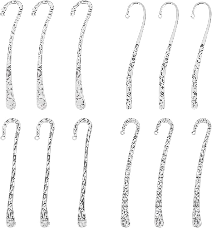 Framendino, 12 Pack Metal Bookmark Hairpin Hook Antique Tibetan Silver Carved Book Marks with Loop for Crafting