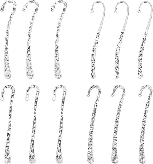 Framendino, 12 Pack Metal Bookmark Hairpin Hook Antique Tibetan Silver Carved Book Marks with Loop for Crafting