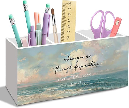 Christian Isaiah 43:2 Pen Pencil Holder Gifts for Women Desk, Beach Summer Bible Office Desk Accessories, Religious When You Go Through Deep Waters Pen Holders Organizer for Bathroom Office