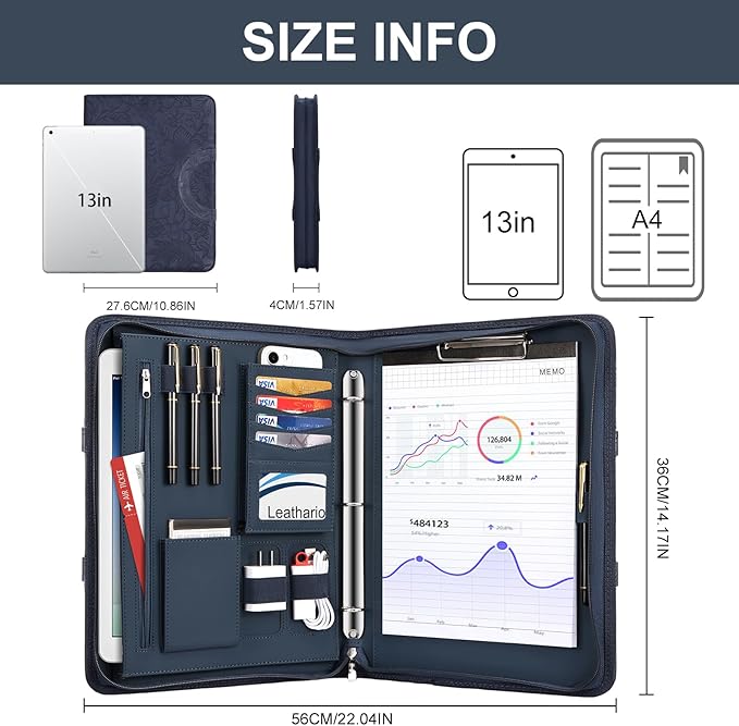 Leathario Portfolio Binder, Includes 5 Folder Index Dividers, 13 Inch Tablets Organizer with Handle, Vegan Leather A4 Padfolio, Multi-Pocket Notepad Business Planner Professional Document