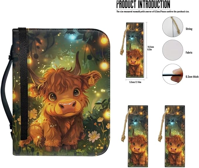 Lotusorchid Highland Cow Faux Leather Bible Cover Church Bible Bag Book Carrying Case with Bookmarks for Women, Girls Bible Protective Cover for Bible Study, Green and Brown, Size 2XL