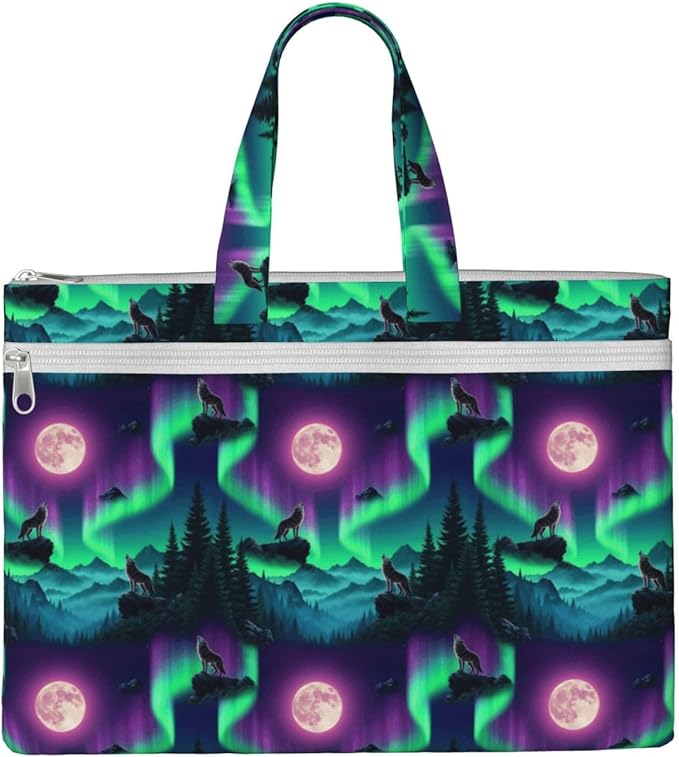 Lightweight Canvas Document Tote Bag Cool Wolf Howling Moon, Waterproof Zipper File Pouch with Handle for Office Travel Use