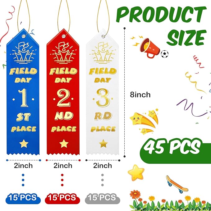 Graduation Season Award Ribbons Multicolor School Field Day Ribbons 1st 2nd 3rd Place with Event Card and Rope One Size Competition Ribbon for Kids Sports Event Contest Prize, 3 Color (45 Pcs)