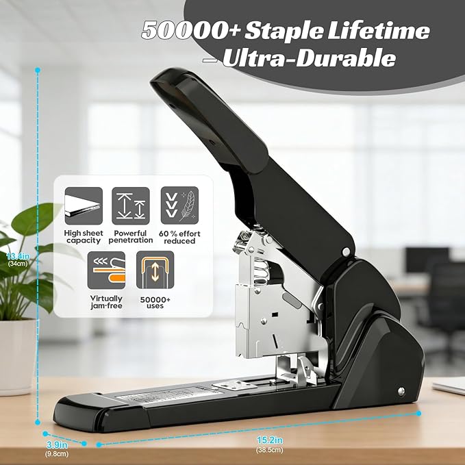 AFMAT Heavy Duty Stapler, 210 Sheet Staplers for Desk with 7000 Staples, Jam-Free, 50000+ Uses, 60% Reduced Effort, Easy Reload, Adjustable Paper Guide, Large Metal Manual Office Staplers, ES15