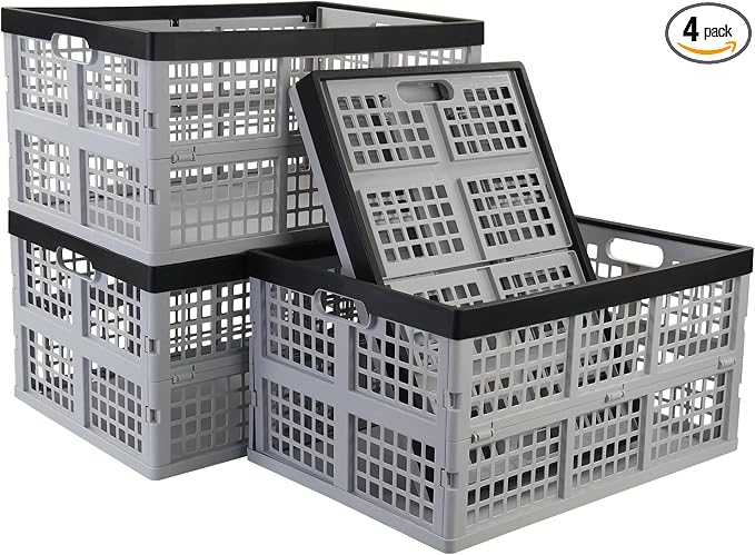 Readsky 42 Liter 4 Pack Collapsible Plastic Storage Crates, Folding Crate Storage, Stackable Utility Totes for Car Trunk, Home, Office, and Pantry Organization