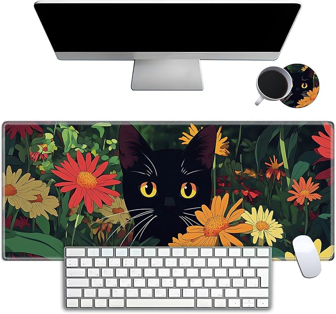 Mouse Pad Gaming Mousepad 31.5x11.8 Inch XXL Large + Coasters,Desk Mat with Stitched Edges, Non-Slip Rubber Base, Thick Mouse Pad for Computer, Laptop, Office & Home - Flowers Black Cat