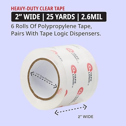 Tape Logic Heavy Duty Packing Tape with Dispenser (6 Refills) – 2.6 Mil Thick Clear Shipping Tape, 2 in x 25 yd – Strong Industrial Adhesive for Moving Boxes, Mailing, & Shipping Packaging