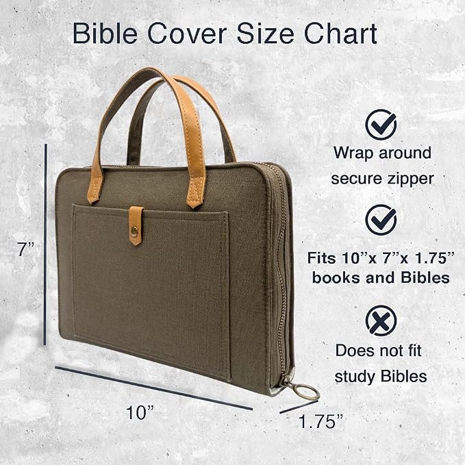 Bible Cover for Women by Bekah Rose | Canvas Case with Leather Handles, Purse Style Bible Bag with Zippered Closure and Snap Pocket (Olive Green, Medium Bibles)