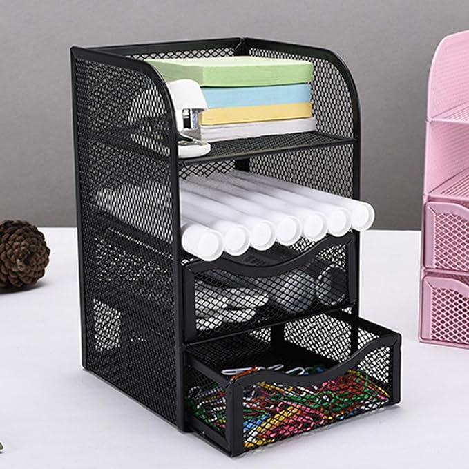 Desk Organizer with 3 Drawers Metal Mesh Slip Desktop Organizer for Office Supplies Stationery Black Office Products Desk Accessories Organizers Desk Supplies Holders