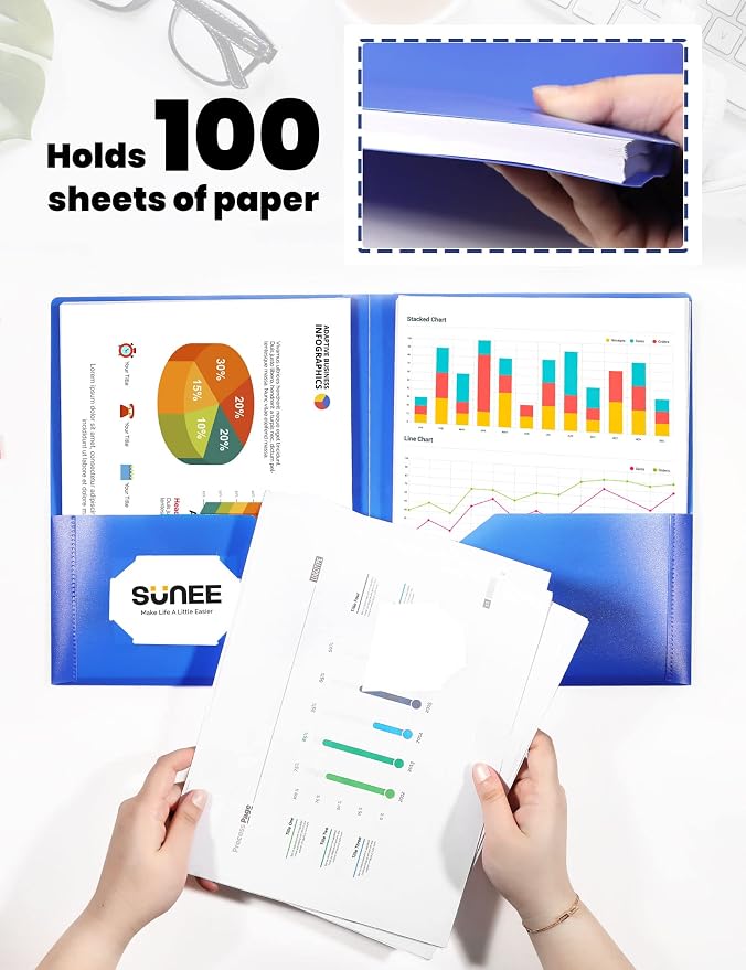 SUNEE 2 Pocket Folders (6 Pack, Blue) Heavy-Duty Plastic Folders with Pockets, Fit 8.5x11 Letter Size Paper, 2-Pocket File Folders for Kids, Home, School, Office
