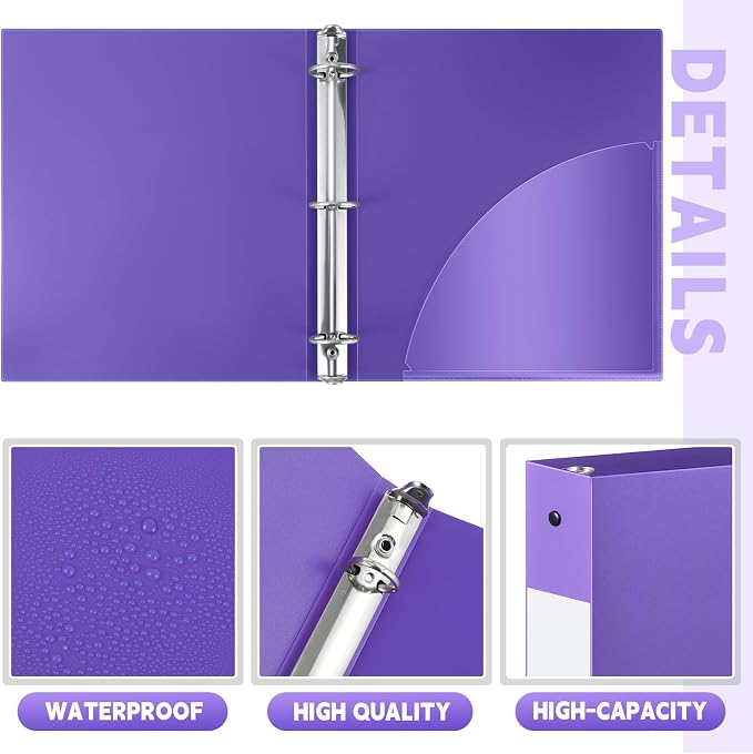 Henoyso 24 Pcs Purple 1.5" 3 Ring Plastic Binder Bulk, 1 1/2 Inch Soft Flexible Binders Round Rings, Fits Letter Size 8.5'' x 11'' Paper, Holds 350 Sheets, for School Office