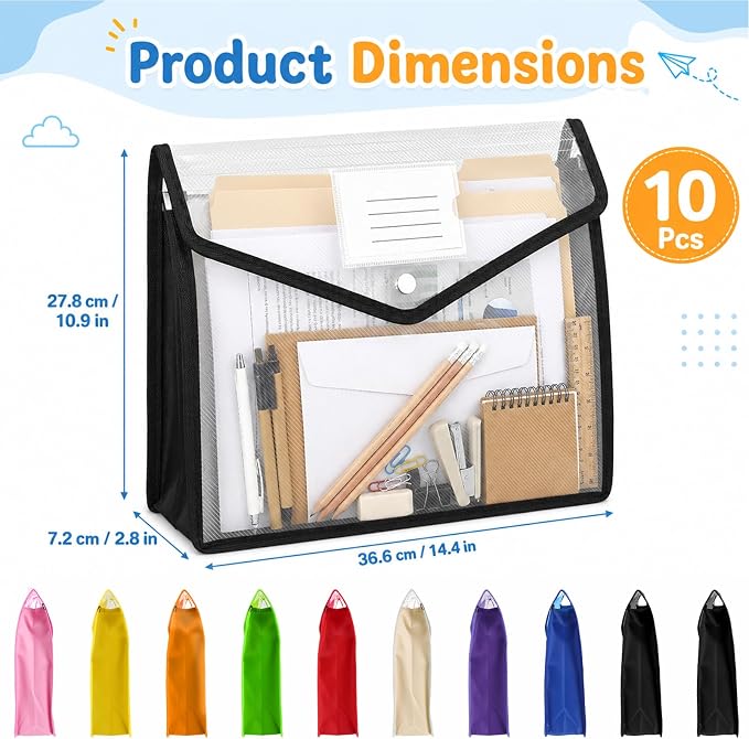 10 Pack Plastic Expanding File Folder, Waterproof Transparent Expandable File Folder, Transparent Files Folders for Documents with Snap Closure, Large Capacity, Fit Legal/B4 Size, 9 Colors