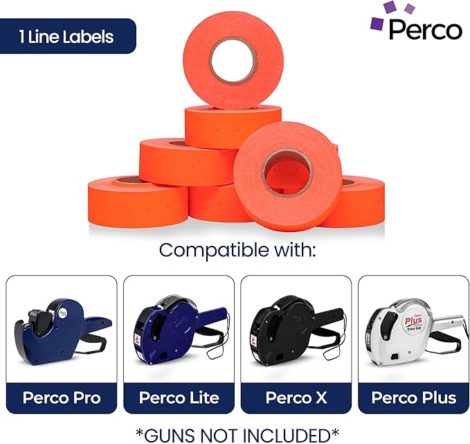 Perco 1 Line Fluorescent Red Labels - 80 Rolls, 10 Sleeves, 80,000 Blank Price and Date Gun Labels for Perco 1 Line Price and Date Guns - Made in USA