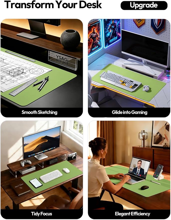 YSAGi Leather Desk Protector, Office Mat, Large Mouse Mat, Non-Slip PU Leather Blotter, Laptop Pad, Waterproof Writing Pad for Office and Home (Leaf Green, 31.5" x 15.8")
