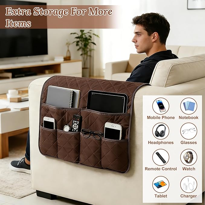 Sofa Armrest Organizer with 6 Pockets, Remote Control Holder for Recliner, Non-Slip Couch Sofa Chair Armrest Organizer, Armchair Caddy Bedside Storage for Magazine Book TV Phone iPad Tablet (Coffee)