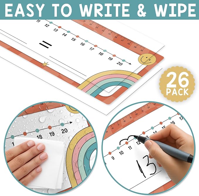 26 Pack Boho Groovy Number Line Dry Erase Boards Cards, 14"x4", Double-Sided, 0-10 on One Side & 0-20 on Other Side, Math Manipulatives for Student, Education Classroom Must Haves