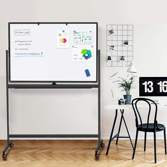 Rolling Dry Erase Board 48 x 32, maxtek Double-Sided Mobile White Board, Large Portable Magnetic Whiteboard with Stand - Easel Style Whiteboard with Wheels for Home Office Classroom School, Black