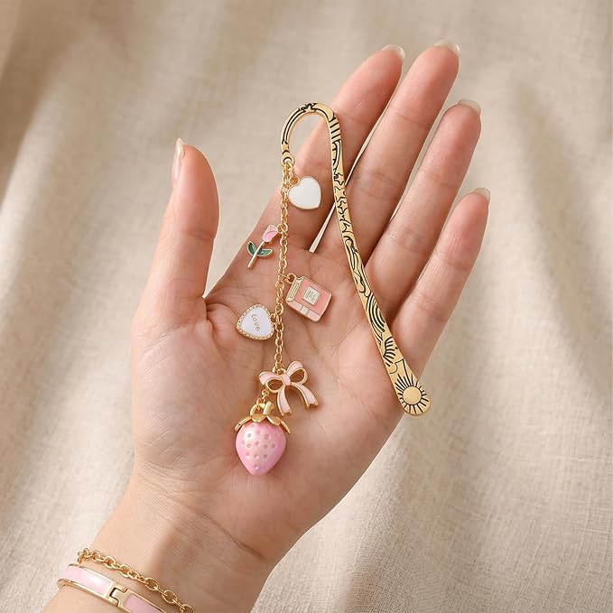 Cute Metal Bookmark Gifts - Gold Aesthetic Strawberry Bookmarks for Women Book Lovers Pink Bow Flower Charm Pandent Page Marks School Reading Accessories Bookish Birthday Graduation Gift
