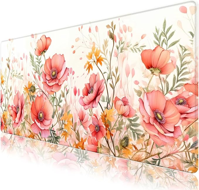 XXL Desk Pad Mouse Pad, Large Gaming Mouse Mat with Stitched Edges, Non-Slip Waterproof Rubber Base Mous Mat for Office Computer Keyboard Laptop Home Decor Women (35.4X17.5 in), Coral Flowers
