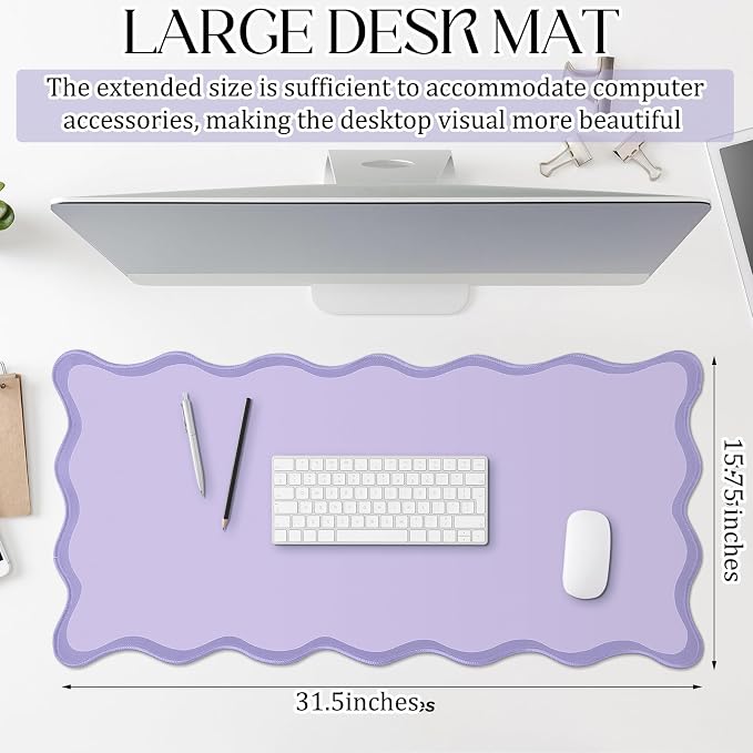 Hahafelt Scalloped Desk Mat Large Desk Pad Cute Coquette Table Mat Back to School Preppy Table Make up Pad Nonslip Graduation Gift with Stitching Waterproof Gaming(Purple,31.5 x 15.8 Inches)