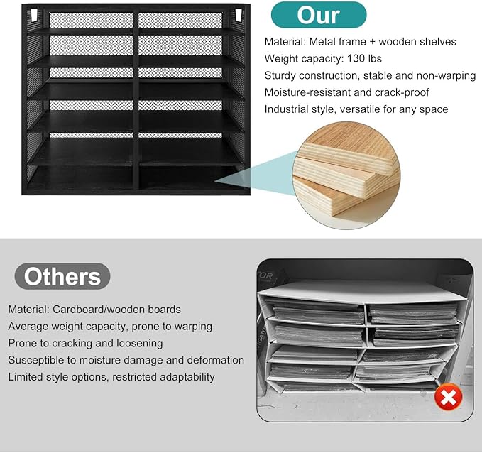 TQVAI 12 Compartments Desktop Literature Organizer, Metal Frame Paper Sorter with Handles, Adjustable Mailbox for Classroom and Office, Desk File Organizer for Document, Bill, Magazine, Black