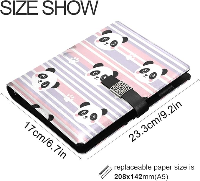 Panda Faces Stripes Pink Purple PU Leather Notebook A5 Binder 6 Ring Refillable Journal with Magnetic Buckle Closure Loose Leaf Travel Office Planner Budget Binder Notepad Portfolio
