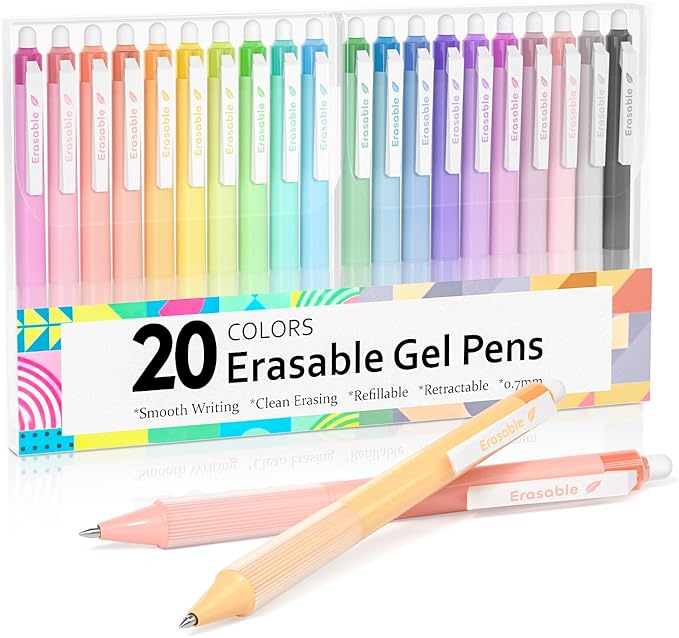 Lineon Erasable Gel Pens, 20 Colors Retractable Fine Point Erasable Pens Clicker, Fine Point(0.7mm), Assorted Color Inks, Make Mistakes Disappear for Drawing Writing Planner and Crossword Puzzles