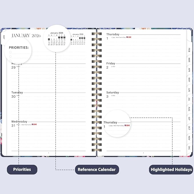 2026 Planner, Weekly and Monthly Calendar Planner, Academic Daily Agenda (Jan 2026 - Dec 2026), Hardcover Planning Notebook for Office Accessories and School Supplies, Blue Flower