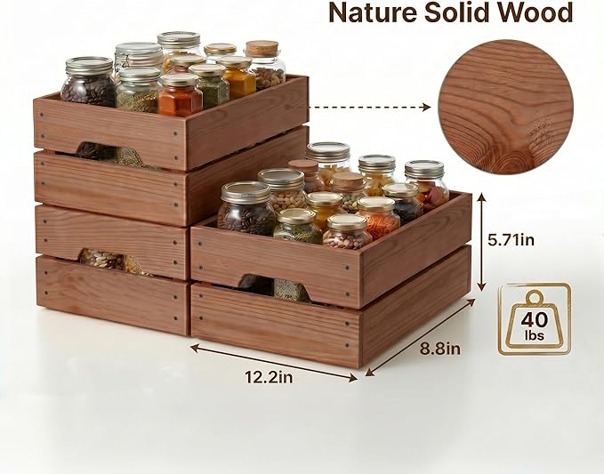 WOPITUES Wooden Crate,Wood Crates for Storage,Stackable Storage Bins and Pantry Organizers with Handles,Pantry Baskets,Wooden Box for Pantry,Kitchen,Garden,Garage,Display, Rustic Brown