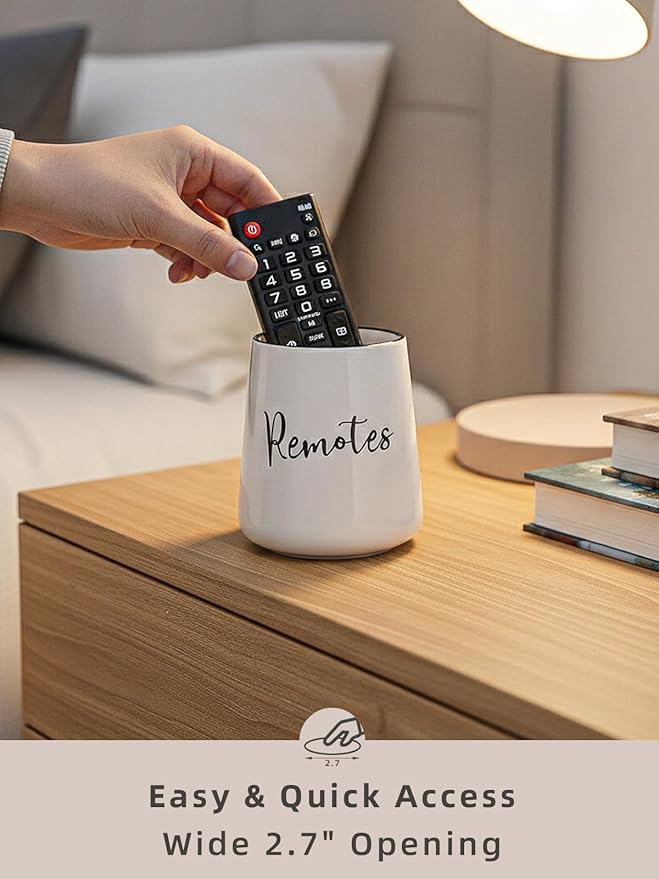 LEETOYI Ceramic Remote Control Holder, 4.1" Remote Caddy Storage, Makeup Brush Holder, Media Controllers Organizer for Living Room, Table, Bedroom & Office (White)