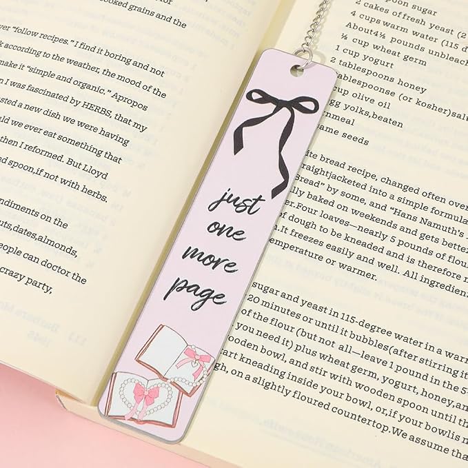 Pink Bowknot Stainless Steel Bookmark - Printed with Cute Bowknot Patterns & Equipped with Heart Pendants, Ideal for Female Readers, Perfect Birthday Gift for Girlfriends (Double-Sided A)