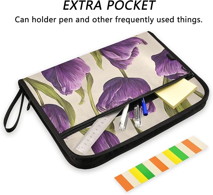 Expanding File Folder Purple Tulips Pattern Accordion File Organizer 13 Pockets Document Organizer with Zipper Labels A4 Letter Office Storage